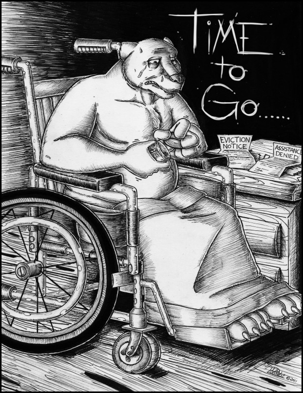 anthro biped black_border bodily_fluids border claws commentary crying depression disability drugs elderly front_view ill imminent_death imminent_suicide letters male pills politics sad sitting slightly_chubby solo suicide tears text three-quarter_view vehicle wheelchair grymmbadger bear mammal 2011 absurd_res black_and_white english_text full-length_portrait greyscale hi_res monochrome pen_(artwork) portrait smaller_version_at_source traditional_media_(artwork)