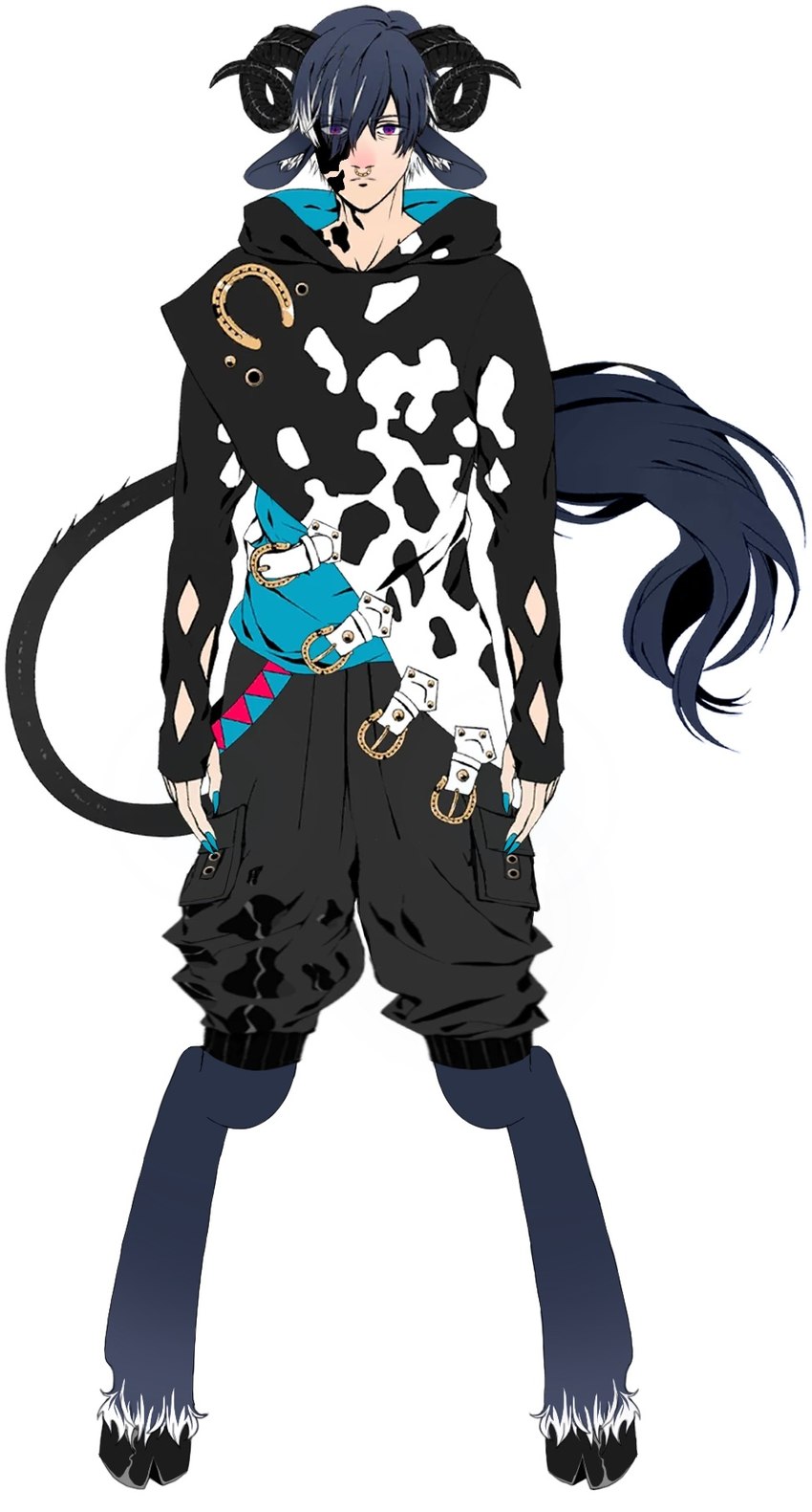 animal_print bangs blue_body blue_fur blue_hair bottomwear clothed clothing cloven_hooves cow_print dark_body dark_fur ears_down eye_through_hair eyebrow_through_hair eyebrows facial_markings facial_piercing fully_clothed fur hair hair_over_eye half-closed_eyes head_markings highlights_(coloring) hoodie hooves horn humanoid_hands inner_ear_fluff lidded_eyes long_ears long_nails long_tail male markings nails narrowed_eyes nose_piercing nose_ring one_eye_obstructed piercing pink_nose pivoted_ears purple_eyes ring_piercing sharp_nails shorts side_part_hair solo spots tail tail_tuft tired topwear translucent translucent_hair tuft unguligrade dreamscreep third-party_edit obey_me! belphegor_(obey_me!) animal_humanoid bovid bovid_humanoid bovine bovine_humanoid cattle_humanoid demon demon_humanoid humanoid mammal mammal_humanoid digital_media_(artwork) full-length_portrait hi_res portrait procreate_(artwork)