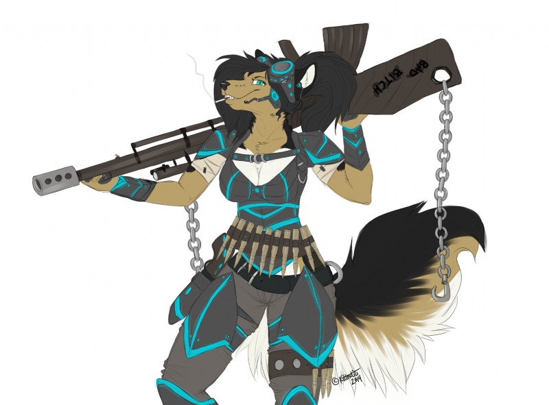 anthro armor blue_eyes clothing electronics female fishnet_clothing gun hair headgear headphones headset ponytail ranged_weapon rifle science_fiction solo weapon kittentits shanys canid canine canis domestic_dog mammal hi_res