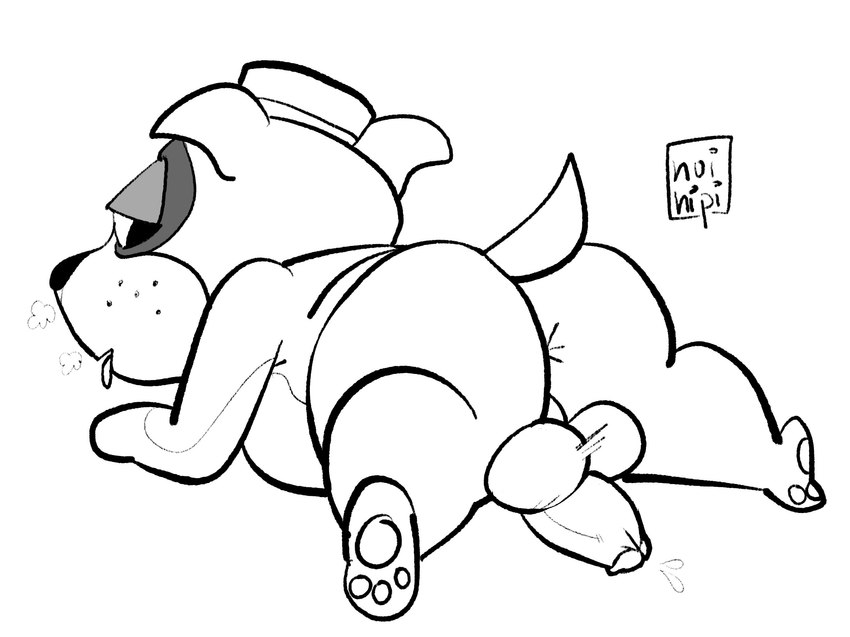 anthro balls butt clothing genitals hat headgear headwear lying male penis slightly_chubby solo tongue tongue_out noinipi animal_crossing nintendo booker_(animal_crossing) canid canine canis domestic_dog mammal 2023 hi_res monochrome