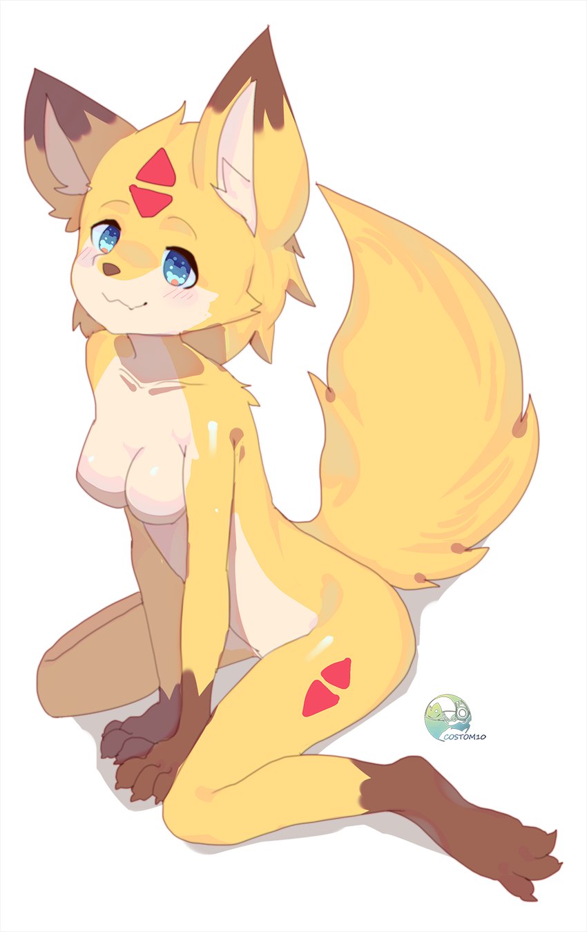 anthro biped blue_eyes blush breasts brown_body brown_fur brown_nose countershading female fur genitals kemono kneeling looking_at_viewer nude pussy simple_background smile solo white_background white_body white_fur yellow_body yellow_fur costom10 alphina canid canine fox mammal 2019 hi_res