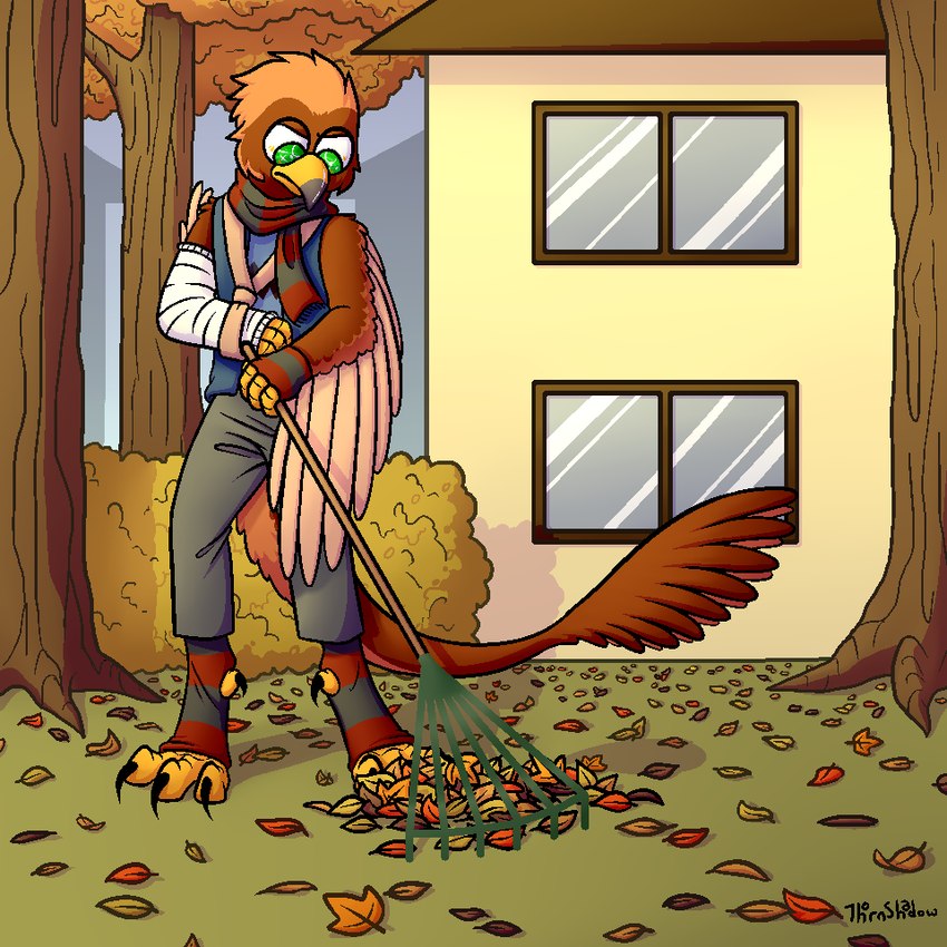 4_fingers 4_toes anthro arm_tuft autumn beak biped bottomwear broken_arm broken_wing broken_wrist brown_body brown_feathers cast cheek_tuft claws clothing digitigrade facial_tuft feathered_tail feathered_wings feathers feet fingerless_gloves fingers frustrated gloves green_clothing green_eyes grey_beak handwear leg_tuft leg_warmers legwear multicolored_beak outside raking scarf scuted_hands scutes shorts sling_(medicine) tail tail_tuft talons tan_body tan_feathers toes topwear tuft two_tone_beak white_claws winged_arms wings wrist_tuft yellow_beak thornshadow pavlos_andriades accipitrid accipitriform avian bird eagle golden_eagle true_eagle 1:1 nonbinary_(lore)