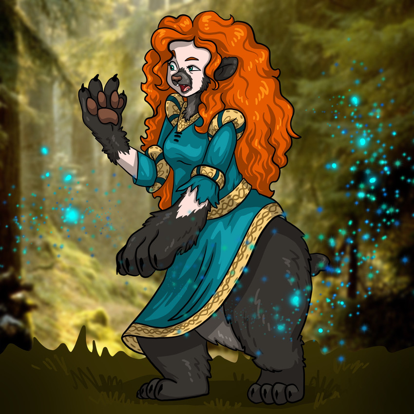 alternate_species breasts brown_body brown_fur clothing dress female fur grass hair long_hair magic mid_transformation open_mouth pawpads plant red_hair solo species_transformation standing surprise transformation blacksheeptfs brave_(disney) disney pixar merida bear human mammal 1:1 absurd_res hi_res