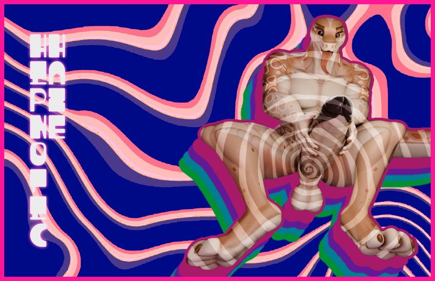 anthro balls big_penis border genitals huge_penis male mind_control penis pink_border poster solo hypnotic_haze_(artist) hypnovember reptile scalie snake absurd_res hi_res