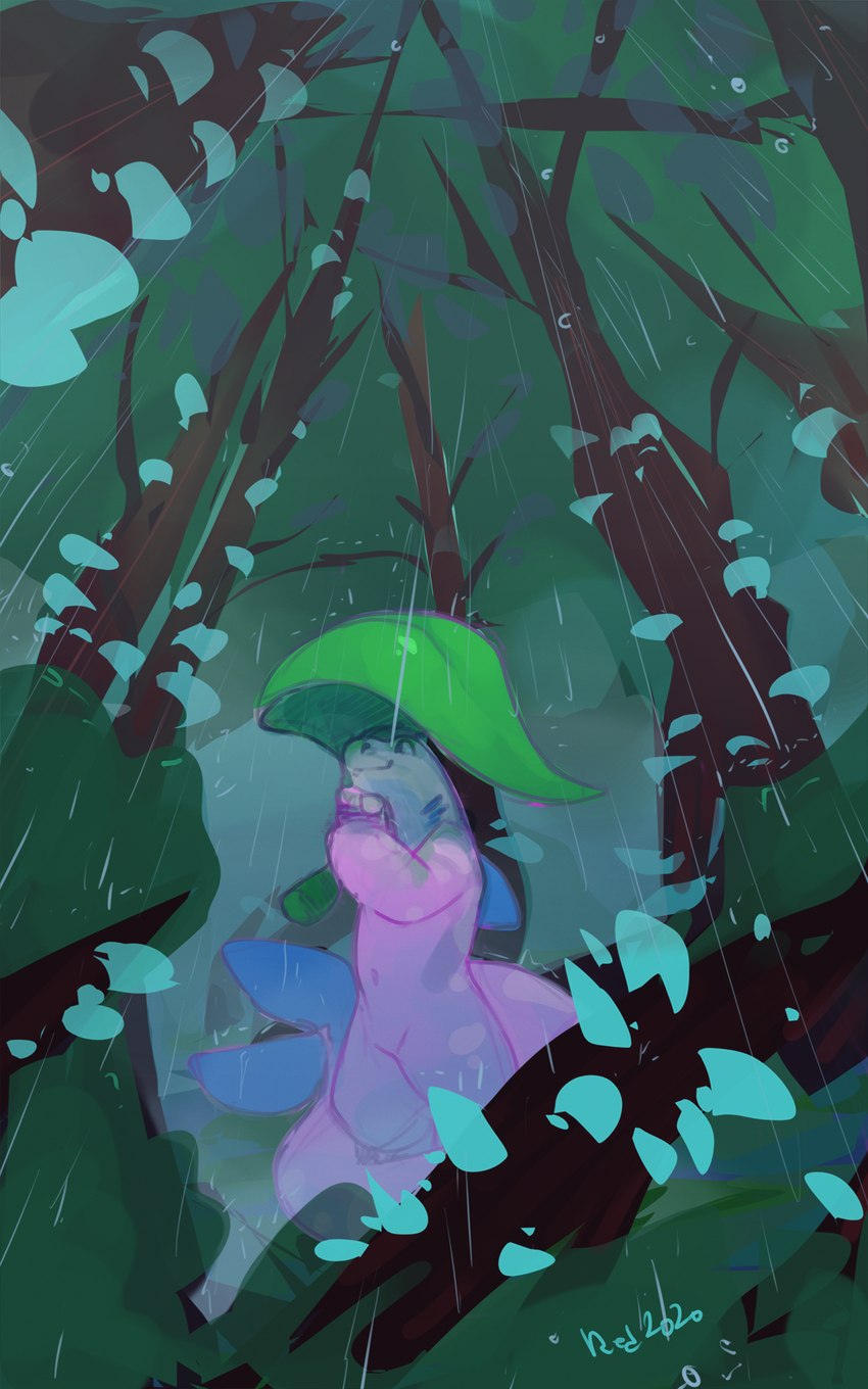 anthro blue_fin blue_gills fin forest fungus gills holding_leaf holding_object leaf leaf_umbrella male mushroom neck_gills outside pink_body pink_scales plant raining scales smile solo tail tail_fin tree walking redishdragie magu fish marine 2020 5:8 hi_res signature