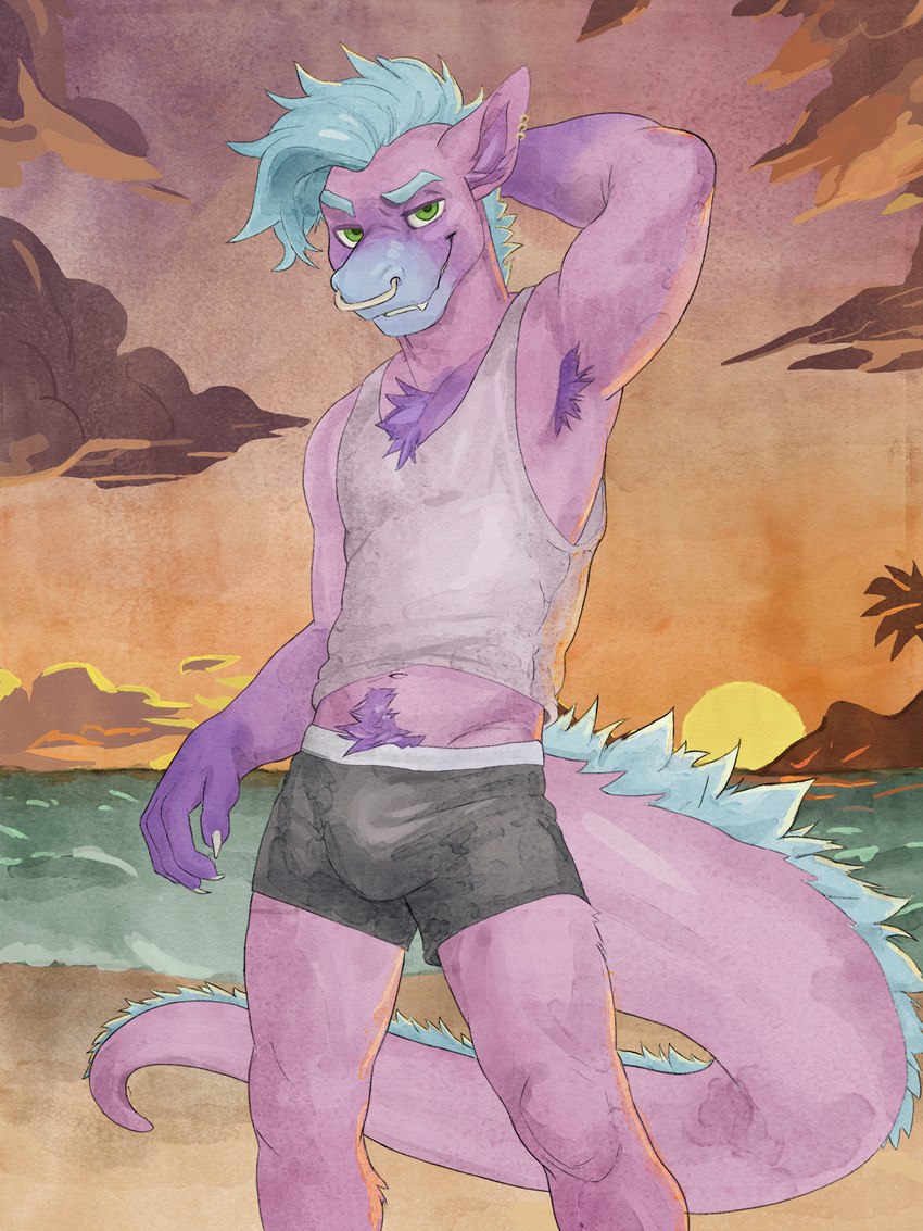 anthro armpit_hair beach bedroom_eyes big_tail blue_hair body_hair chest_hair clothed clothing cloud facial_piercing green_eyes hair happy_trail long_tail looking_at_viewer male narrowed_eyes nose_piercing nose_ring outside pantsless piercing pink_body pink_skin ring_piercing scratching_head sea seductive shirt sky skyscape solo standing sun sunset tail tank_top topwear water leon_cheetah mythology dragon mythological_creature mythological_scalie scalie 3:4 hi_res