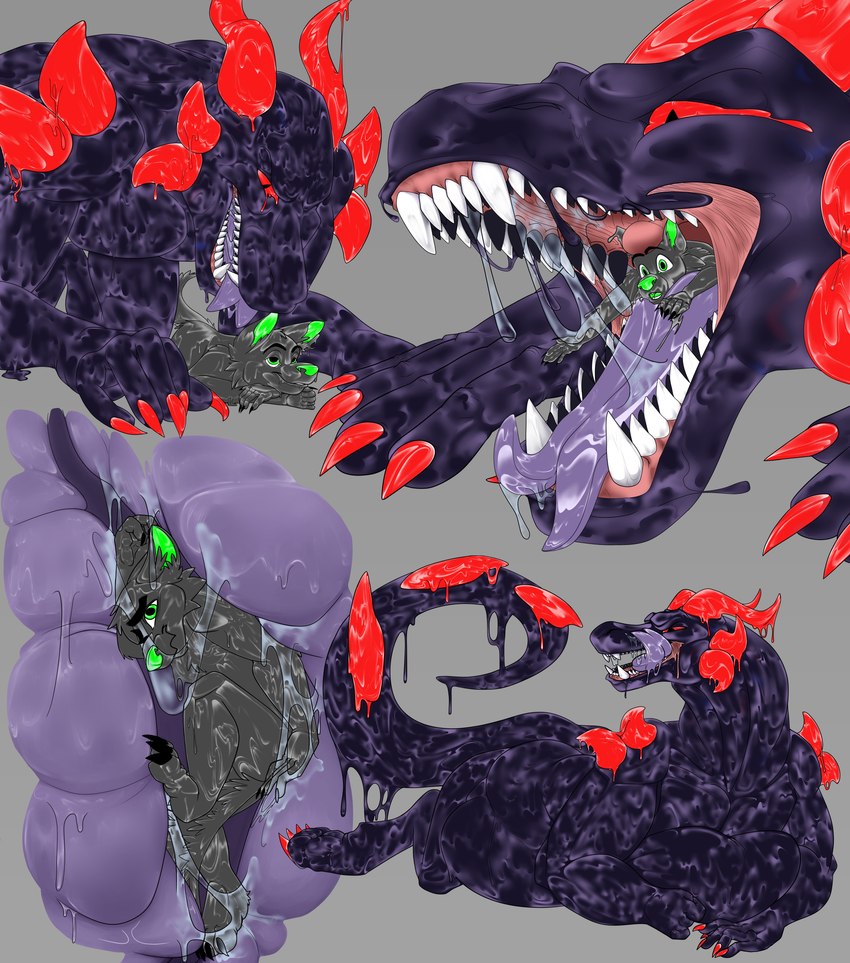 abdominal_bulge abs anthro belly bodily_fluids claws digestion drooling drooling_onto_other drooling_slime drooling_tongue duo extreme_size_difference fangs fatal_vore fingers fully_inside glistening glistening_body goo_drip guts horn imminent_death inside_stomach internal licking licking_lips licking_own_lips macro_pred male male/male male_pred male_prey micro_prey mouth_shot muscular muscular_anthro muscular_male open_mouth oral_vore organs partially_inside pecs purple_body red_eyes saliva saliva_on_tongue saliva_string self_lick simple_background size_difference slime stomach stomach_acid swallowing tail teeth thick_thighs tongue tongue_out uvula vore somedumbtwink mythology devourer_(razor_koopa) zepp_the_goo_wolf canid canine canis dragon goo_creature goo_dragon mammal mythological_creature mythological_scalie scalie wolf absurd_res comic digital_media_(artwork) hi_res