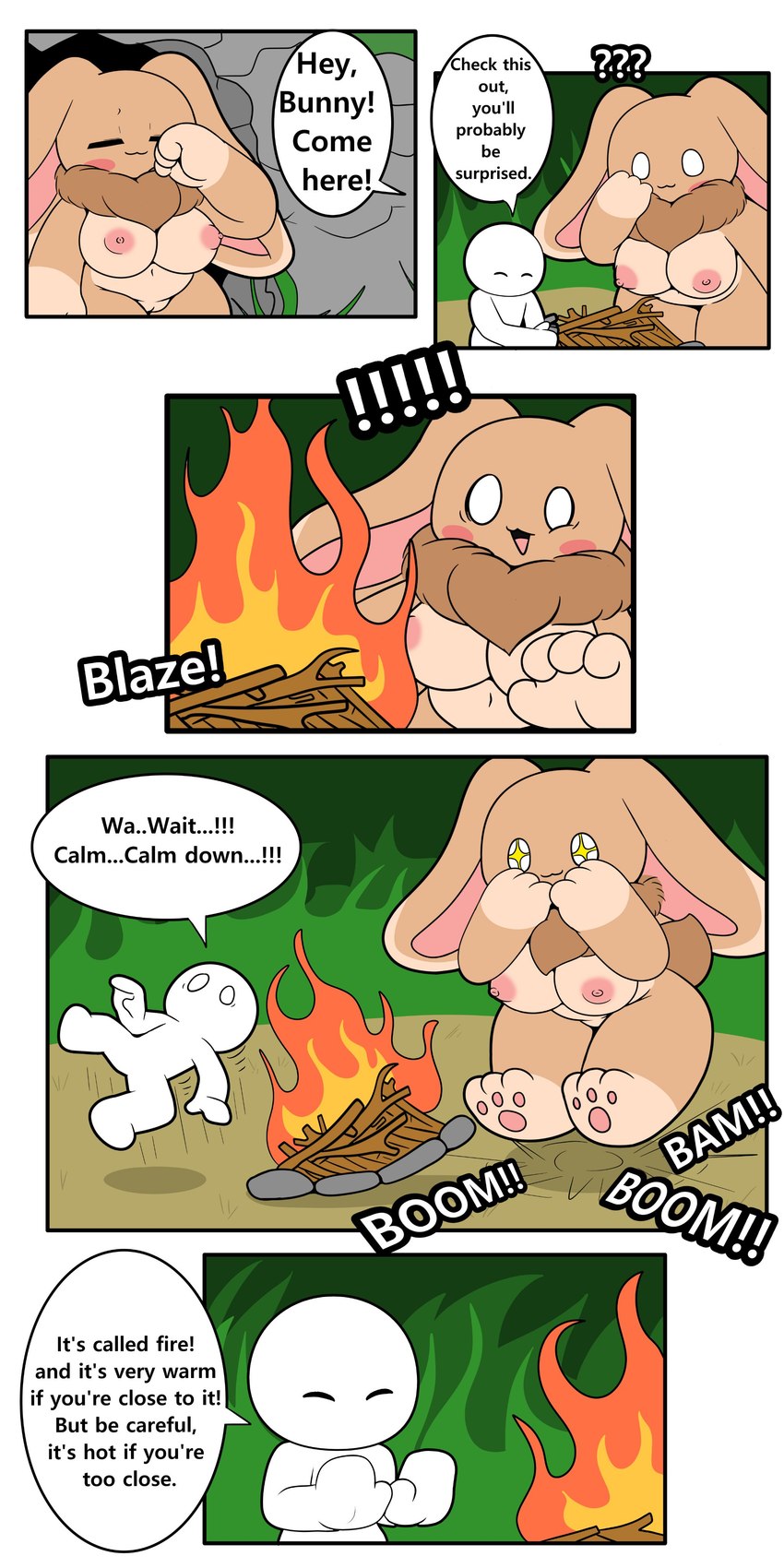 3_toes 4_fingers :3 anthro bam_(sound) big_breasts big_ears blush blush_stickers breasts brown_body brown_ears brown_fur brown_tail campfire cave dialogue duo excited exclamation_point eyes_closed feet female female_anthro fingers fire forest fur genitals gloves_(marking) hand_on_face happy holding_lighter holding_object jumping larger_anthro larger_female leg_markings lighter looking_at_fire male male_human markings motion_lines multicolored_body multicolored_ears multicolored_fur navel neck_tuft nude nude_anthro nude_female open_mouth outside pawpads pink_inner_ear pink_pawpads pink_tongue plant pussy question_mark rock scut_tail short_tail size_difference smaller_human smaller_male smile socks_(marking) sound_effects sparkles sparkling_eyes speech_bubble standing stick tail tan_body tan_ears tan_fur text toes tongue tree tuft twig white_eyes tonytoran monster_bunny_(tonytoran) human lagomorph leporid mammal rabbit 1:2 2024 absurd_res comic digital_media_(artwork) english_text hi_res