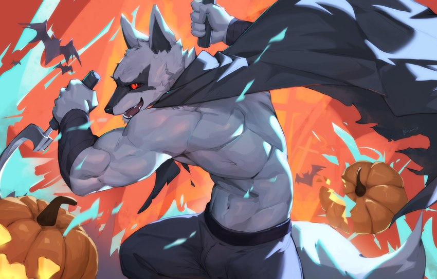 abs anthro arm_wrapping black_facial_markings black_markings bulge cape cheek_tuft clothing cross cutting dual_wielding facial_markings facial_tuft food fruit fur fuzzy genital_outline grey_body grey_fur head_markings holding_object holding_weapon holidays jack-o'-lantern kemono male markings mask_(marking) muscular muscular_anthro muscular_male navel neck_tuft open_mouth open_smile plant pose pumpkin red_eyes sickle smile solo tuft v-cut weapon kuromonsart dreamworks halloween puss_in_boots_(franchise) death_(puss_in_boots) bat canid canine canis mammal wolf 2023 absurd_res colorful_theme hi_res portrait three-quarter_portrait