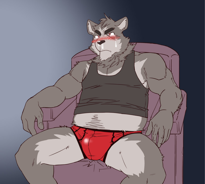 anthro belly black_nose blush bodily_fluids bulge clothing crying humanoid_hands kemono male shirt sitting slightly_chubby solo tears topwear underwear ryuta-h canid canine mammal 2015