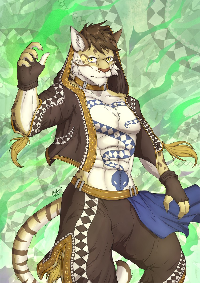 abs anthro bulge chest_tattoo claws clothed clothing fire fur looking_at_viewer male muscular muscular_anthro muscular_male nipples pecs pose simple_background solo spots tail tattoo tribal tribal_tattoo pistacho nekojishi studio_klondike likulau clouded_leopard felid feline mammal pantherine absurd_res hi_res pinup