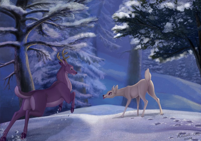 alternate_species antlers black_nose butt day detailed_background duo featureless_crotch female feral fur hooves horn male outside plant purple_body purple_eyes purple_fur smile snow tail tongue tongue_out tree white_body conditional_dnp kodardragon chara_(kodardragon) kodardragon_(character) deer mammal 2018 hi_res