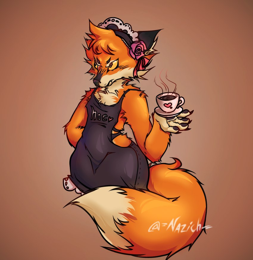 angry anthro beverage black_nose chest_tuft clothing container cup flower fluffy fluffy_tail fur headgear headwear maid_hat maid_uniform male multicolored_body multicolored_fur multicolored_tail orange_body orange_fur pawpads plant rose_(flower) solo tail tea tuft uniform white_body white_fur nazich canid canine fox mammal hi_res