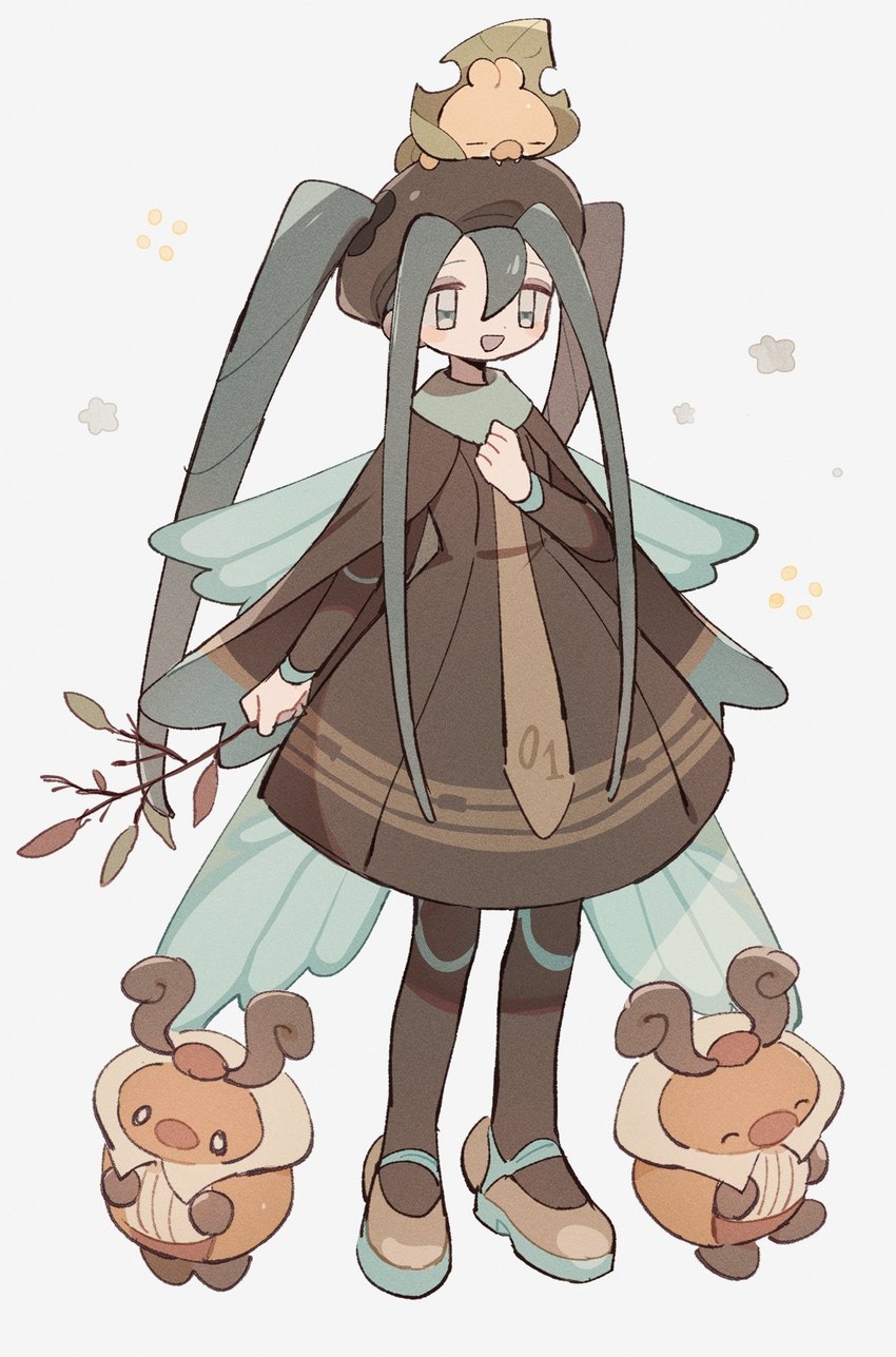 ambiguous_gender branch carrying_another clothed clothing female feral group hat headgear headwear on_head omumorning nintendo pokemon project_voltage_18_types/songs vocaloid hatsune_miku hatsune_miku_(bug-type_trainer) generation_4_pokemon generation_5_pokemon kricketot pokemon_(species) sewaddle hi_res