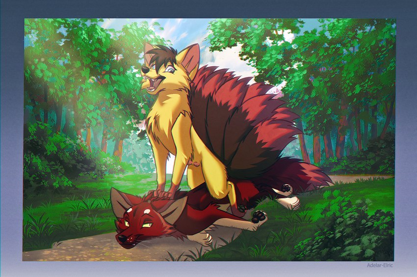 8_tails dominant dominant_female duo female feral forest fur lying male male/female multi_tail on_front outside pinned plant playing pushing_down red_body red_fur standing_on_another tail tree victory yellow_body yellow_fur adelar_elric fremder kira_redpaw canid canine canis fox fox_spirit hybrid mammal wolf hi_res