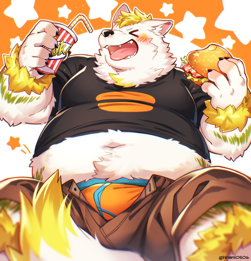 anthro belly big_belly black_nose bottomwear burger clothing eyes_closed food fur kemono male navel overweight overweight_male shirt shorts solo tongue tongue_out topwear underwear white_body white_fur hinami canid canine canis mammal wolf 2023 hi_res