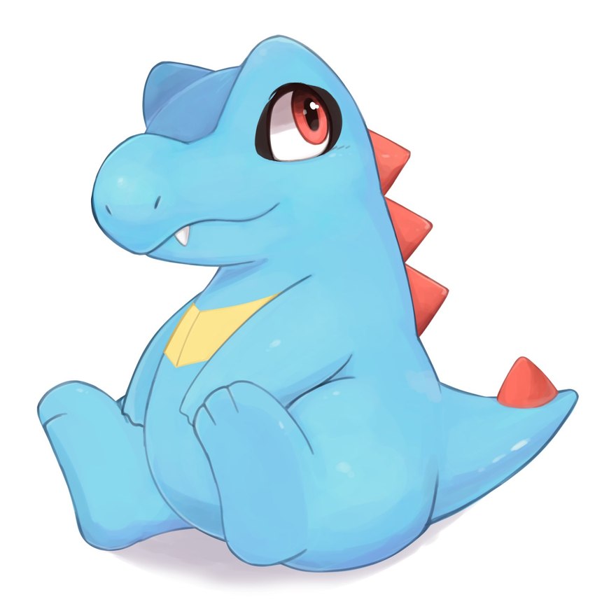 ambiguous_gender feet feral looking_back simple_background sitting smile solo spines spread_legs spreading teeth inukami_hikari nintendo pokemon generation_2_pokemon pokemon_(species) totodile hi_res