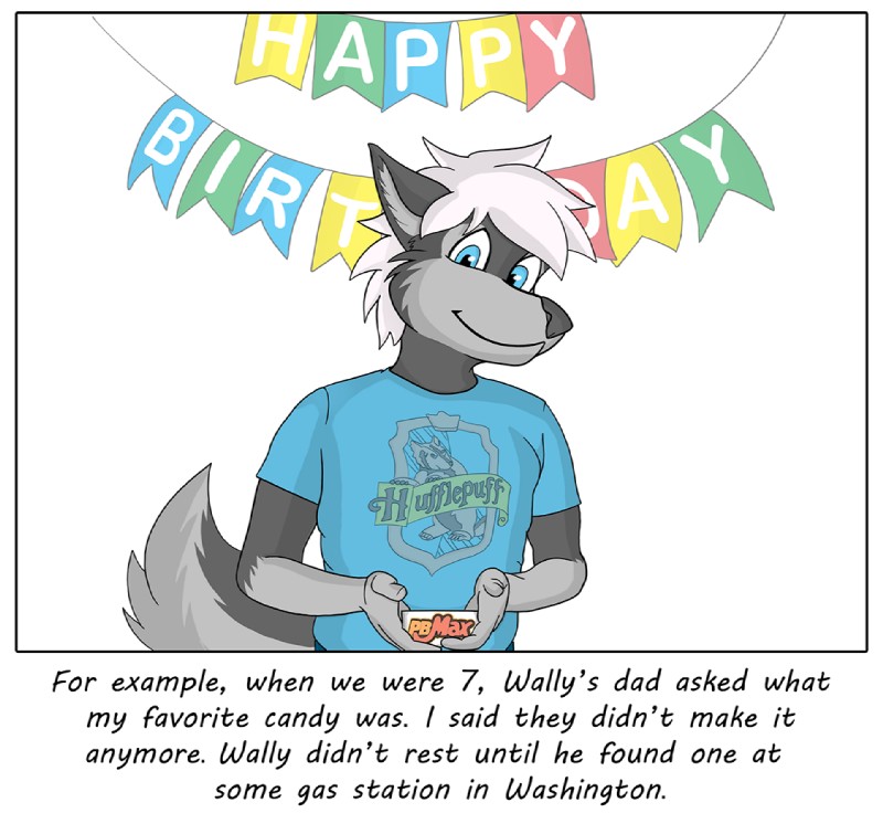 birthday blue_eyes candy dessert food hufflepuff male party solo text colrblnd duzt harry_potter_(series) measureup walter_moss alaskan_malamute canid canine canis domestic_dog mammal nordic_sled_dog spitz comic digital_drawing_(artwork) digital_media_(artwork) english_text