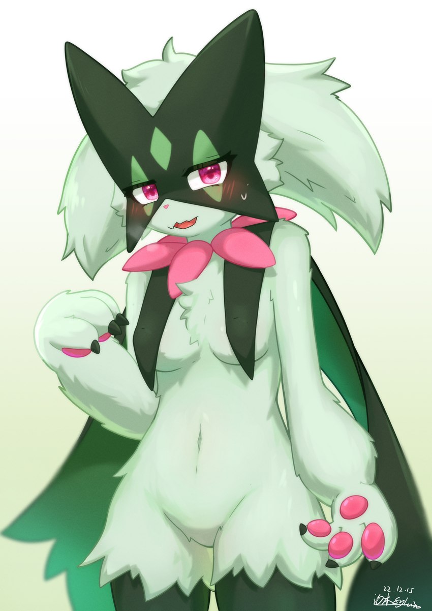 anthro beckoning blush bodily_fluids breast_curtains breasts chest_tuft covered_nipples facial_tuft featureless_crotch female forearms fur gesture gradient_background green_body green_fur medium_breasts navel pawpads pink_eyes pupils raised_arm raised_forearm simple_background solo sweat sweatdrop tuft shiokisylvia nintendo pokemon generation_9_pokemon meowscarada pokemon_(species) absurd_res hi_res shaded