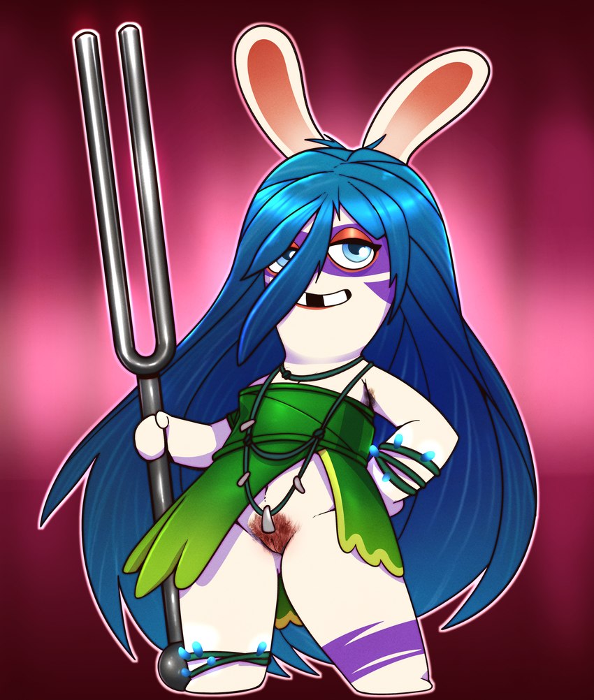 anthro blue_eyes blue_hair bottomless clothed clothing female genitals gradient_background hair looking_at_viewer markings on_model open_mouth open_smile pubes pussy simple_background smile smiling_at_viewer solo standing teeth tooth_gap tribal tribal_clothing tribal_markings white_body lurkin mario_plus_rabbids_sparks_of_hope raving_rabbids rayman_(series) ubisoft allegra_(mario_plus_rabbids) lagomorph leporid mammal rabbid 2023 hi_res