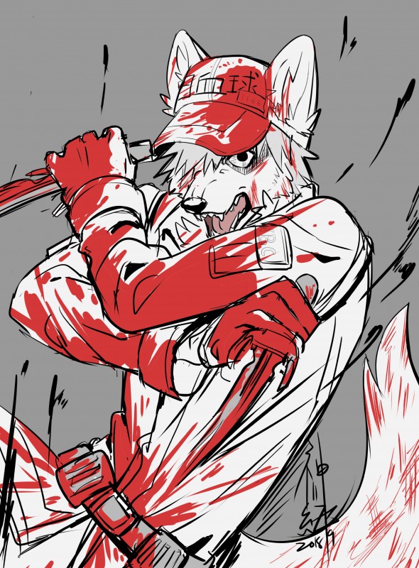 alternate_species anthro blood bodily_fluids clothed clothing fur furrification holding_object humanoid_hands knife looking_at_viewer male open_mouth shirt solo tongue topwear white_body white_fur akiya-kamikawa cells_at_work! u-1146_(cells_at_work!) white_blood_cell_(cells_at_work!) canid canine canis cell_(cells_at_work!) cell_(organism) mammal micro_organism_(organism) wolf 2018 absurd_res hi_res