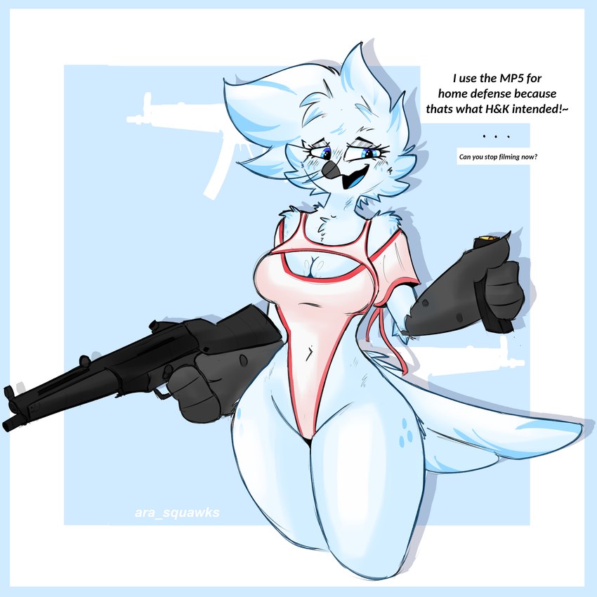 anthro beak blue_body blue_eyes blush feathers female gun mp5 pose ranged_weapon solo text weapon arathemacaw tyra_(arathemacaw) avian bird owl 1:1 absurd_res english_text hi_res pinup