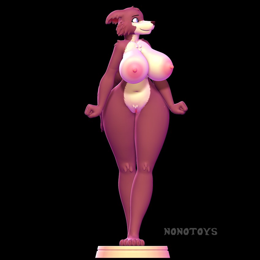 3d_modeling 3d_print 5_fingers anthro big_breasts big_butt blue_eyes breasts brown_body butt ears_down female fingers fist fur genitals looking_back lowered_tail nipples pivoted_ears pose pussy simple_background smile solo stage standing tall nonotoys beastars juno_(beastars) canid canine canis mammal wolf 1:1 3d_(artwork) digital_media_(artwork) hi_res pinup