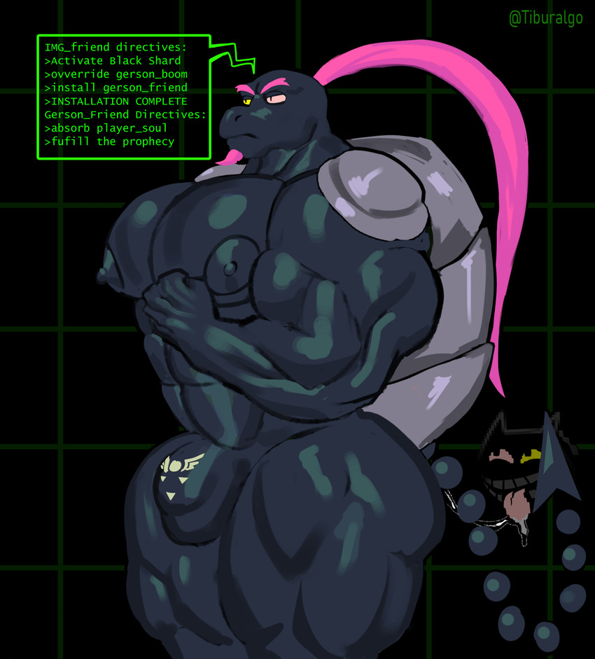 anal anthro armor big_muscles big_pecs black_body clothing corruption drone dronesuit dronification duo flexing flexing_bicep gesture hair hand_on_chest latex latex_clothing latex_skinsuit male mind_control muscular muscular_male nipples null null_bulge nullification oral pecs pink_hair rimming salute serious serious_face sex simple_background skinsuit speech_bubble standing text tight_clothing tongue tongue_out tiburalgo deltarune undertale_(series) friend_(deltarune) gerson gerson_boom_(deltarune) domestic_cat felid feline felis mammal reptile scalie turtle 2026 english_text hi_res