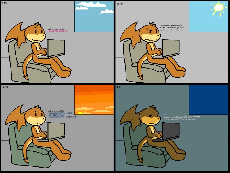 1000_hours_in_ms_paint anthro base_two_layout chair computer electronics four_frame_image furniture grid_layout head_wings laptop male membrane_(anatomy) membranous_wings recliner solo tail trolling two_row_layout unusual_wing_placement wings darkdoomer 4chan bandai_namco digimon patachu digimon_(species) patamon 4koma comic