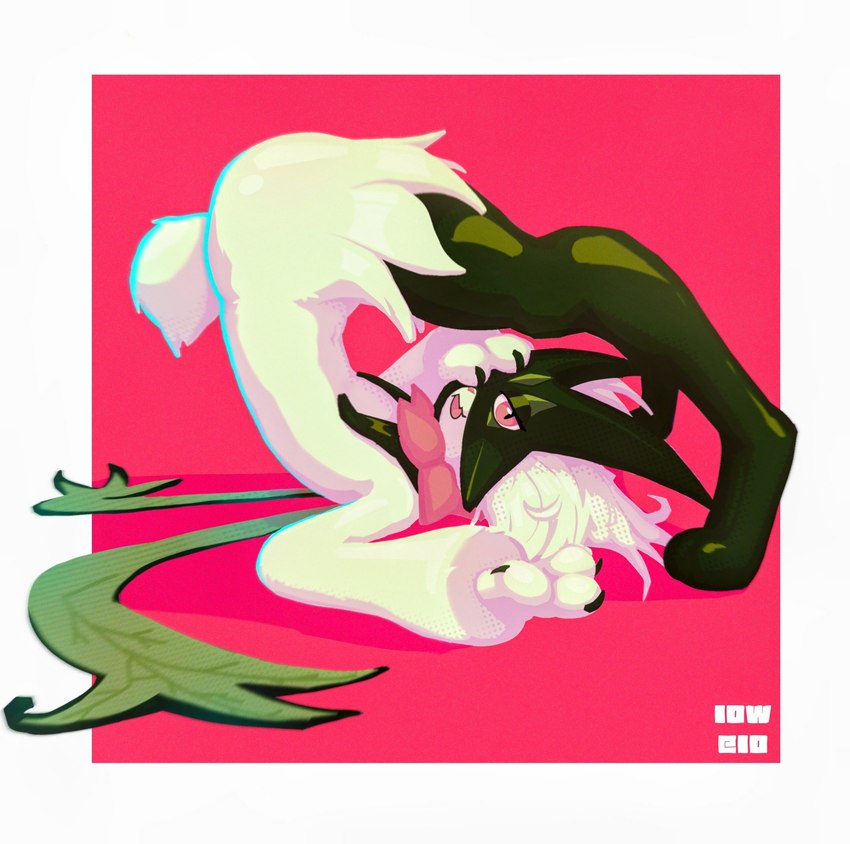 ambiguous_gender anthro claws fur green_body green_fur green_hair hair looking_at_viewer navel one_eye_obstructed open_mouth paws pink_eyes simple_background solo tail tongue low_elo nintendo pokemon felid feline generation_9_pokemon mammal meowscarada pokemon_(species) 2025 hi_res signature