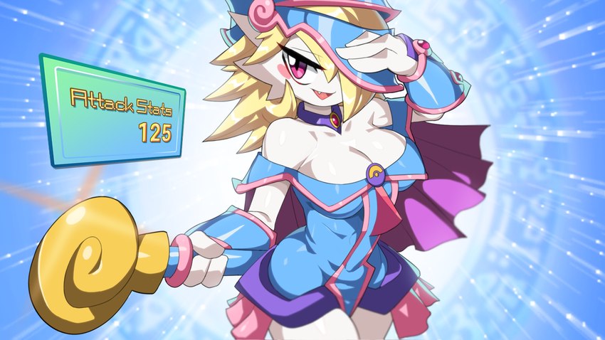 3_fingers blonde_hair blue_clothing blue_headwear breasts cleavage clothed clothing collarbone cosplay female fingers hair headgear headwear holding_object not_furry open_mouth pink_eyes pink_tongue solo text tongue white_body drunk_oak nintendo pokemon yu-gi-oh! dark_magician_girl duel_monster gardevoir generation_3_pokemon humanoid pokemon_(species) 16:9 2022 english_text hi_res widescreen