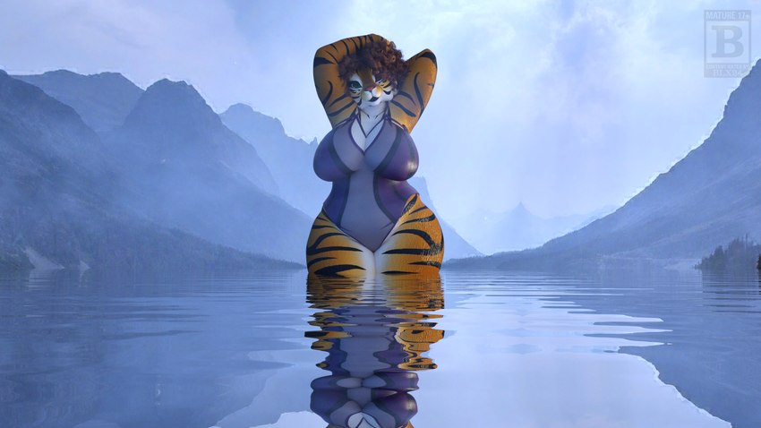 amazing_background big_breasts breasts brown_hair cleavage clothed clothing detailed_background female fog fur green_eyes hair hands_behind_head lake looking_at_viewer markings mountain one-piece_swimsuit orange_body orange_fur outside plant reflection striped_body striped_markings stripes swimwear thick_thighs tree water blx24 felid mammal pantherine tiger 16:9 3d_(artwork) detailed digital_media_(artwork) hi_res widescreen