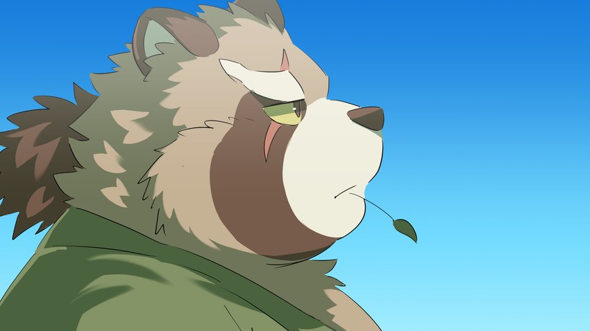 anthro biped blue_background brown_body brown_fur clothed clothing fur kemono leaf scar simple_background solo ptcmtr lifewonders tokyo_afterschool_summoners gyobu_(tas) canid canine mammal raccoon_dog tanuki 16:9 2022 bust_portrait hi_res portrait widescreen