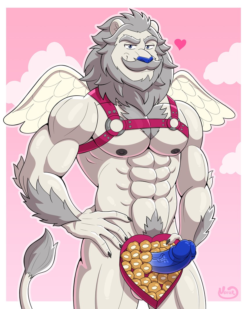 abs anthro arm_hair balls bedroom_eyes biceps big_muscles big_penis blue_eyes blue_nose blue_penis body_hair box_of_chocolates candy chest_hair chest_tuft chocolate dessert erection feathered_wings feathers food fur genitals grey_body grey_fur hand_on_hip harness heart_symbol holidays looking_at_viewer male mane mischievous mischievous_smile muscular muscular_anthro muscular_male narrowed_eyes outline peeking_penis penis pink_background pubes seductive simple_background solo standing triceps tuft vein veiny_penis white_body white_fur white_outline wings neruk valentine's_day cupid felid feline lion mammal pantherine absurd_res half-length_portrait hi_res portrait