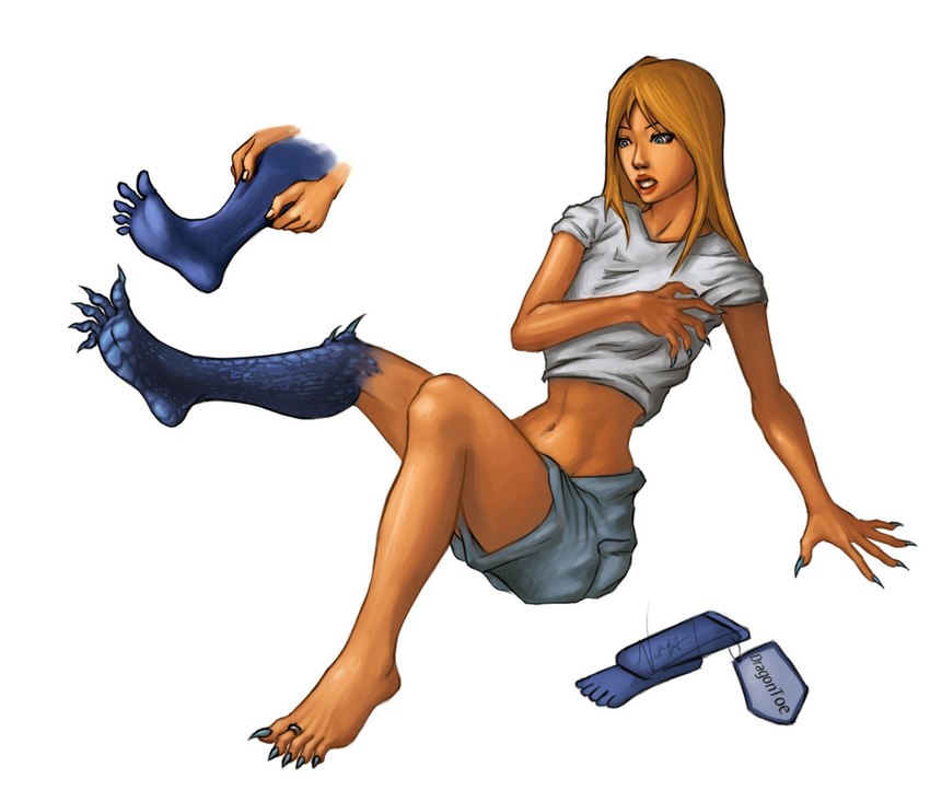 blonde_hair blue_eyes bottomwear claws clothing female footwear hair legwear navel pants shirt simple_background sitting socks solo topwear transformation white_background geckzgo mythology animal_humanoid dragon dragon_humanoid humanoid mythological_creature mythological_scalie scalie 2006