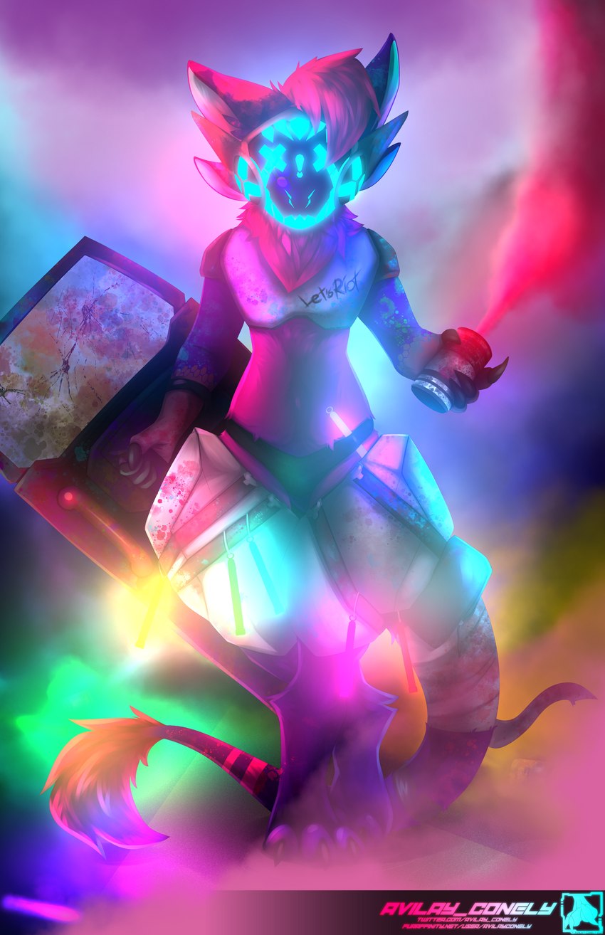 anthro blue_eyes female fur glowing light long_tail machine riot shield smoke solo tail avaliy_conely aitex_k2 protogen absurd_res hi_res