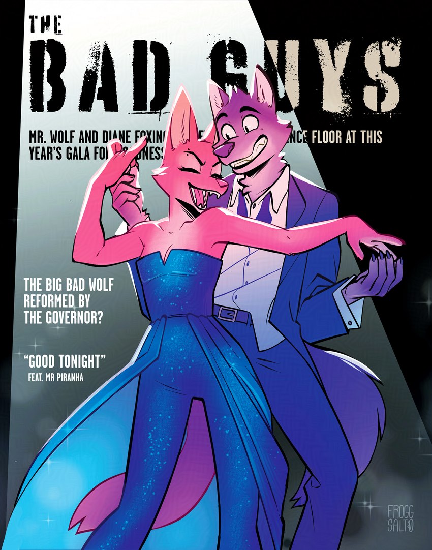 anthro classy clothed clothing dancing dress duo eyebrow_piercing facial_piercing female fictional_magazine_cover grin hand_holding jumpsuit male male/female piercing poster poster_template smile spotlight suit froggsalt dreamworks fairy_tales the_bad_guys big_bad_wolf diane_foxington mr._wolf_(the_bad_guys) canid canine canis fox mammal wolf absurd_res cover hi_res magazine_cover