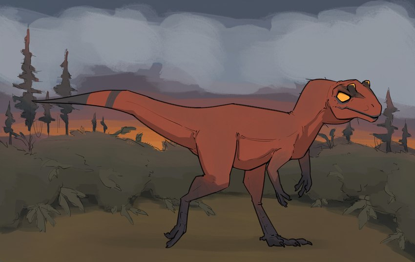 3_fingers 3_toes ambiguous_gender cloud detailed_background feet feral fingers head_crest markings outside plant red_body shrub solo sunset tail tail_markings toes tree walking yellow_eyes zagz harper_(zagz) allosaurid allosaurus dinosaur prehistoric_species reptile scalie theropod hi_res