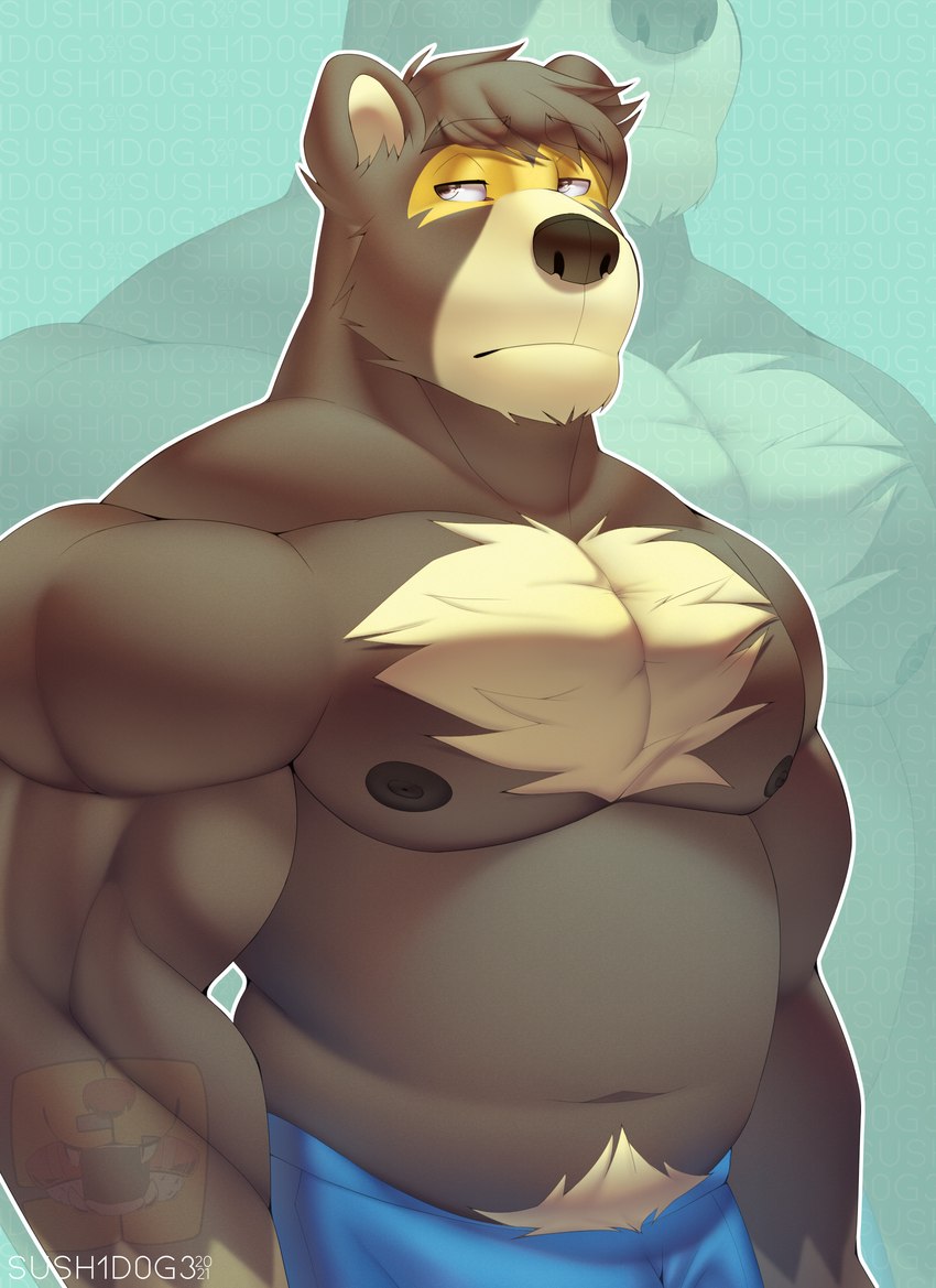 anthro bottomwear brown_body brown_fur chest_tuft clothing frown fur looking_aside male musclegut muscular navel nipples pants pecs solo standing tuft yellow_body yellow_eyes yellow_fur sush1d0g3 animal_crossing nintendo ike_(animal_crossing) bear mammal 2021 hi_res