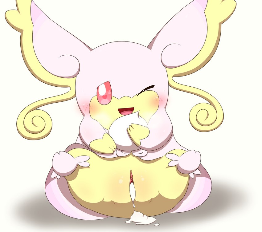 after_sex blush bodily_fluids cum cum_in_pussy cum_inside female genital_fluids genitals pussy simple_background solo minami_(artist) nintendo pokemon generation_6_pokemon mega_audino mega_evolution pokemon_(species) hi_res