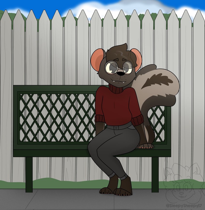 anthro bench black_nose blue_sky bottomwear brown_hair clothing cloud day detailed_background eyebrows eyewear fence fur glasses grey_body grey_bottomwear grey_clothing grey_fur grey_pants hair male male_anthro on_bench outside pants red_clothing red_sweater red_topwear rolled_up_sleeves round_ears round_glasses sidewalk sitting sitting_on_bench sky solo sweater tail teeth topwear sleepysheepy17 wix_(skunkwix) mammal mephitid skunk striped_skunk 2023 adobe_photoshop_(artwork) digital_drawing_(artwork) digital_media_(artwork) hi_res shaded soft_shading