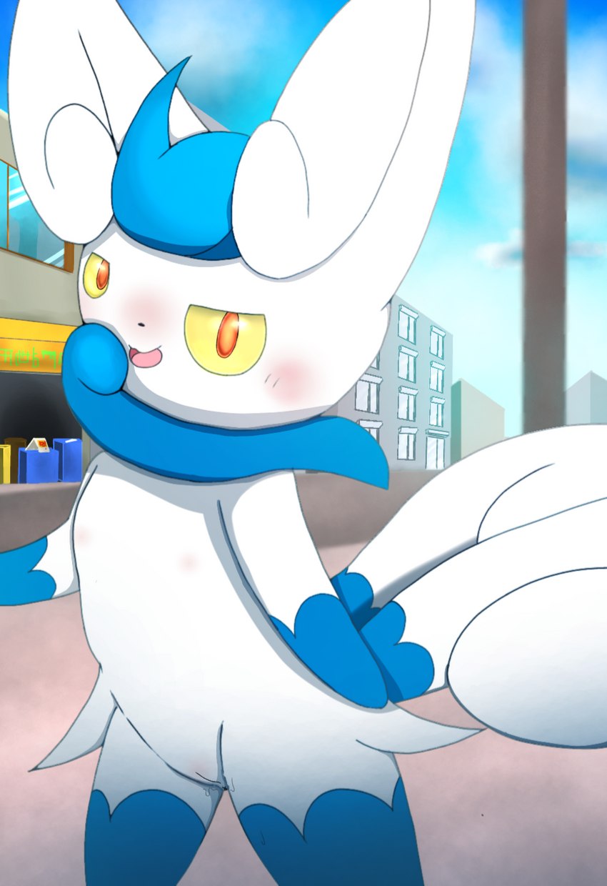 blue_body blue_fur blush female fur genitals looking_at_viewer nude outside public pussy solo white_body white_fur yellow_eyes blackgyakudora nintendo pokemon generation_6_pokemon meowstic pokemon_(species) hi_res