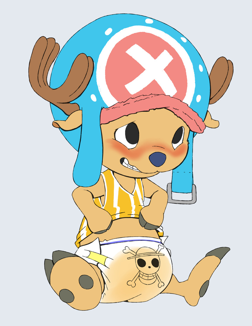 anthro antlers blush bodily_fluids clenched_teeth clothed clothing diaper embarrassed genital_fluids hat headgear headwear hooves horn looking_up male sitting skull_and_crossbones solo spread_legs spreading teeth unclean_diaper urine used_diaper wearing_diaper wet_diaper wetting kuuneho one_piece tony_tony_chopper deer mammal absurd_res hi_res