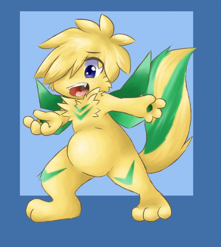 anthro belly blue_eyes blush chest_fur chest_tuft fur hair male open_mouth slightly_chubby solo sunny tuft wings yellow_body yellow_fur earthb-kun sunny_(character) canid canine mammal 2016 digital_media_(artwork)