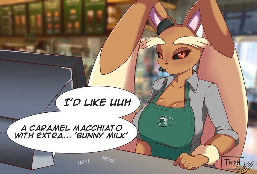 anthro apron big_breasts breasts brown_body brown_fur clothed clothing dialogue electronics female fur headgear headphones headset solo text thyhsilverfeet nintendo pokemon generation_4_pokemon lopunny pokemon_(species) absurd_res english_text hi_res