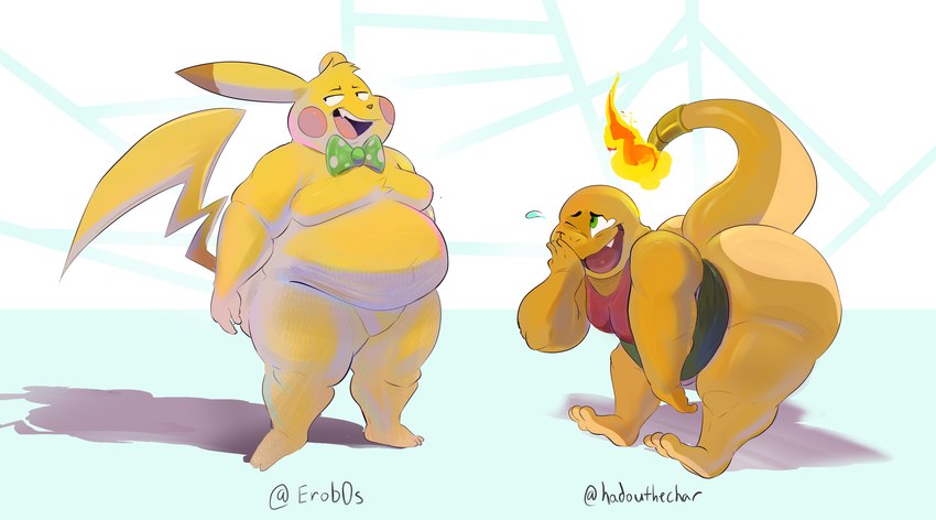 anthro big_butt bow_tie butt clothing duo fire hand_on_face laugh looking_at_another looking_away male shirt smile standing tank_top topwear debudraws nintendo pokemon ero_(erobos) hadou_(satsui-n0-had0u) charmander generation_1_pokemon pikachu pokemon_(species) digital_drawing_(artwork) digital_media_(artwork) hi_res