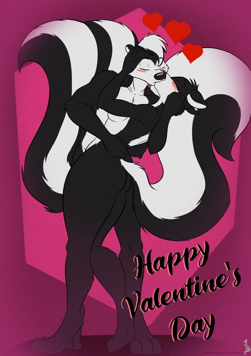 anthro black_body black_fur blush breasts canon_couple dipping duo eyes_closed female fur hair hands_behind_head hearts_around_head holidays hug kissing male male/female nude raised_leg simple_background tail text white_body white_fur jorge-the-wolfdog looney_tunes valentine's_day warner_brothers penelope_pussycat pepe_le_pew domestic_cat felid feline felis mammal mephitid skunk striped_skunk absurd_res digital_media_(artwork) english_text hi_res