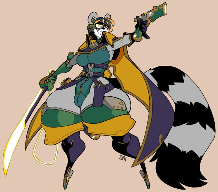 amber_eyes anthro black_body black_fur blonde_hair breasts bulge cape clothed clothing eyewear footwear fur gloves green_clothing green_topwear grey_body grey_fur grey_hair gun gynomorph hair handwear holding_gun holding_melee_weapon holding_object holding_ranged_weapon holding_weapon holster huge_hips intersex legwear markings melee_weapon ranged_weapon simple_background smile solo striped_markings striped_tail stripes tail tail_markings teeth thick_thighs topwear weapon wide_hips jinti ember_asche lemur mammal primate ring-tailed_lemur strepsirrhine 2024 digital_media_(artwork) signature