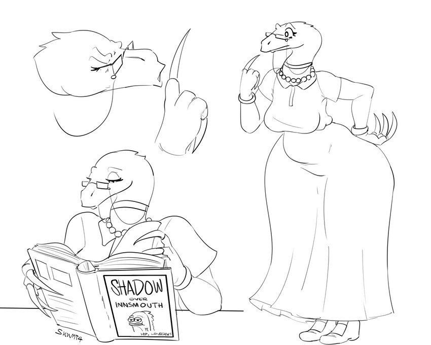 anthro breasts eyewear female glasses librarian mature_female non-mammal_breasts reading shush solo skwmt4 dinosaur prehistoric_species reptile scalie therizinosaurid therizinosaurus theropod 5:4 black_and_white hi_res monochrome sketch