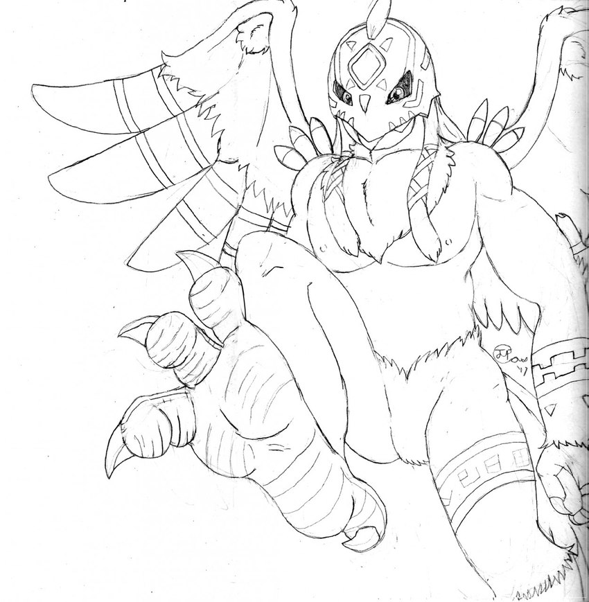 anthro armor barefoot claws feathered_wings feathers feet female foot_focus headgear helmet hindpaw looking_at_viewer looking_down looking_down_at_viewer low-angle_view nude paws soles solo toe_claws toes wide_eyed wings jimfoxx bandai_namco digimon avian digimon_(species) garudamon 2017 hi_res monochrome